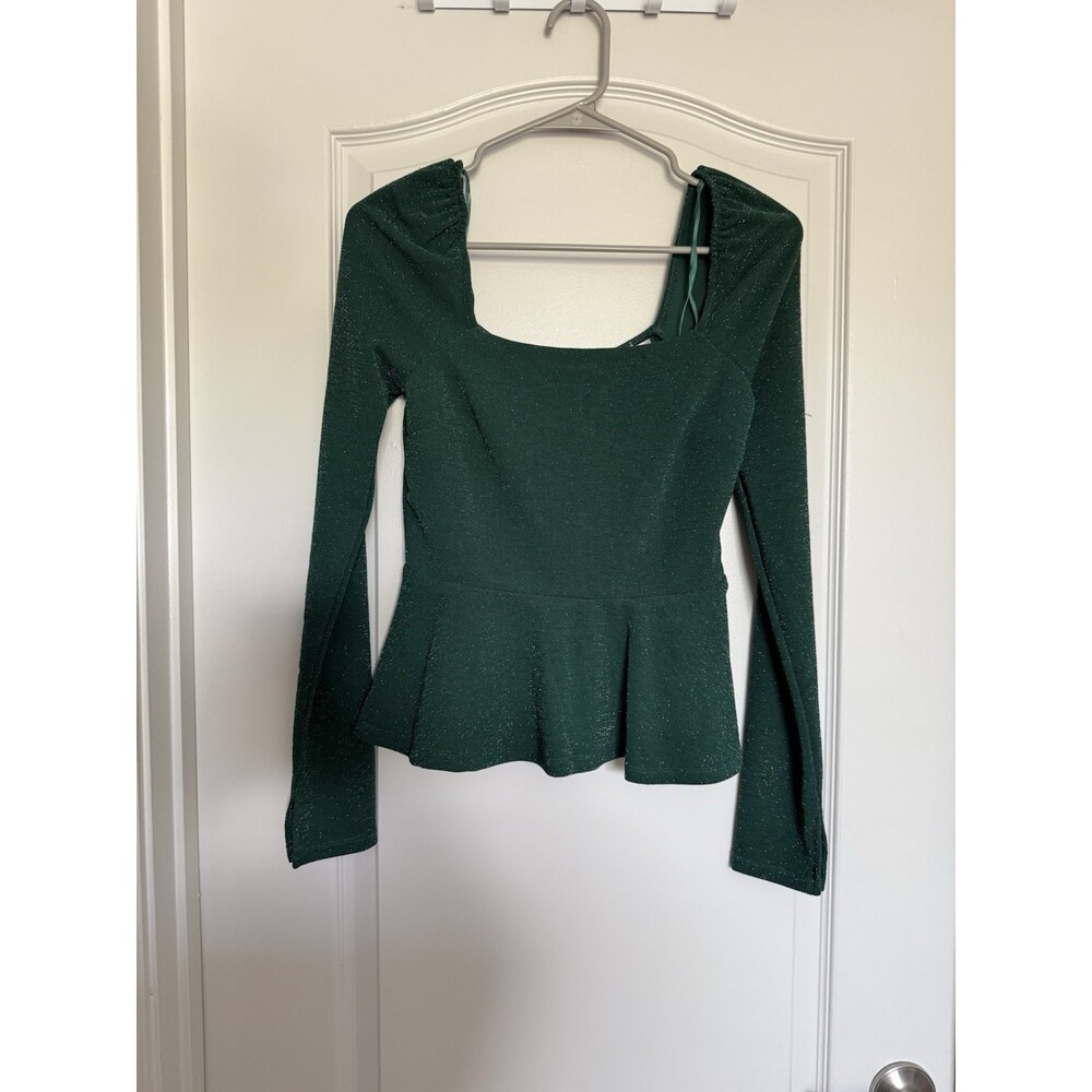 Francesca’s Green Glitter Peplum Top Square Neck Long Sleeve Blouse Size S NWT